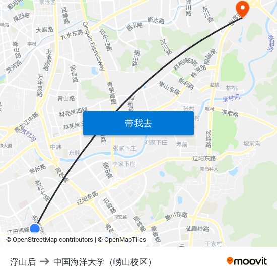 浮山后 to 中国海洋大学（崂山校区） map