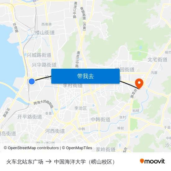 火车北站东广场 to 中国海洋大学（崂山校区） map