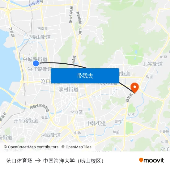 沧口体育场 to 中国海洋大学（崂山校区） map