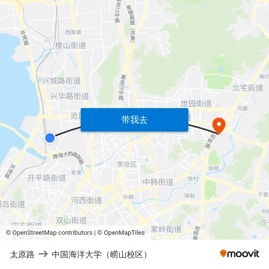 太原路 to 中国海洋大学（崂山校区） map