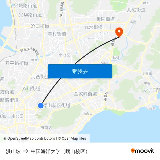 洪山坡 to 中国海洋大学（崂山校区） map