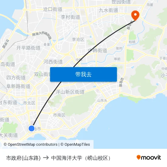 市政府(山东路) to 中国海洋大学（崂山校区） map