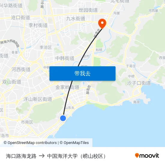 海口路海龙路 to 中国海洋大学（崂山校区） map
