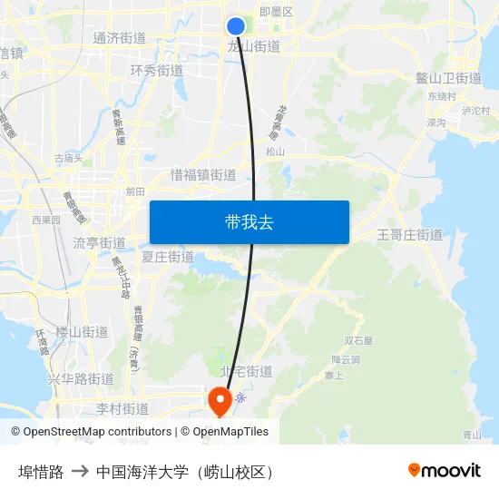 埠惜路 to 中国海洋大学（崂山校区） map