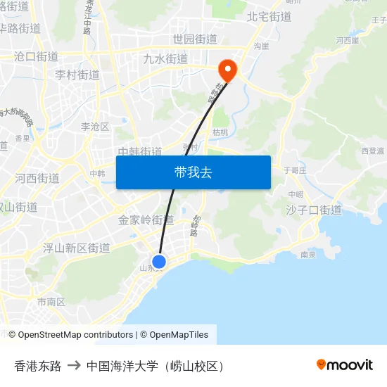 香港东路 to 中国海洋大学（崂山校区） map