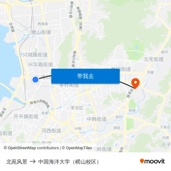 北苑风景 to 中国海洋大学（崂山校区） map