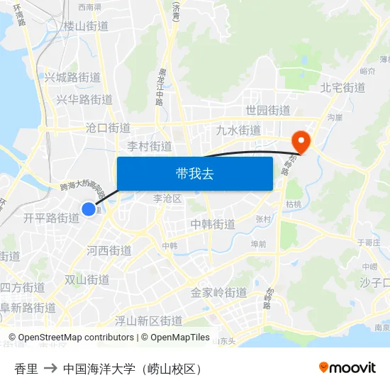 香里 to 中国海洋大学（崂山校区） map