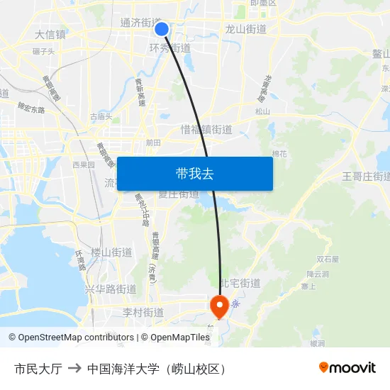 市民大厅 to 中国海洋大学（崂山校区） map