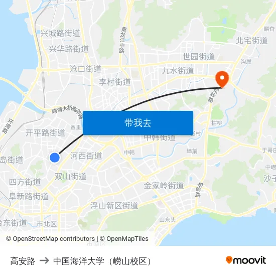 高安路 to 中国海洋大学（崂山校区） map