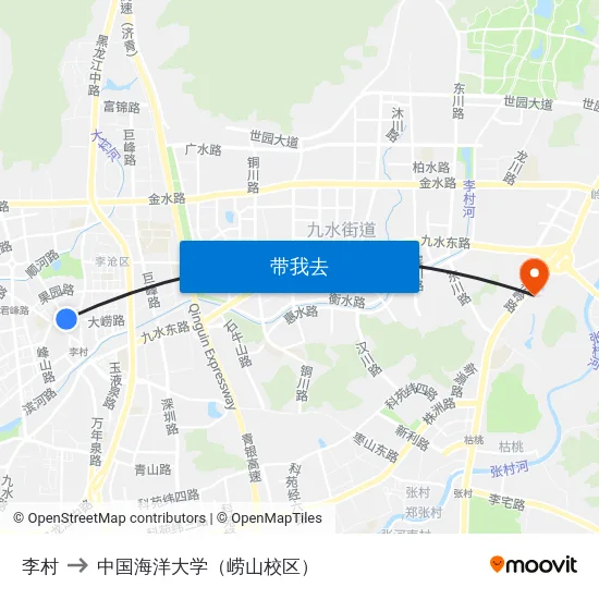 李村 to 中国海洋大学（崂山校区） map