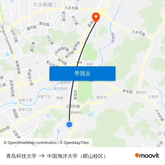 青岛科技大学 to 中国海洋大学（崂山校区） map
