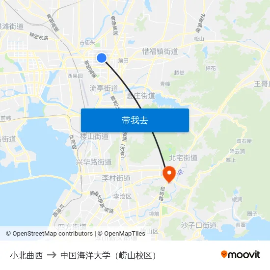 小北曲西 to 中国海洋大学（崂山校区） map