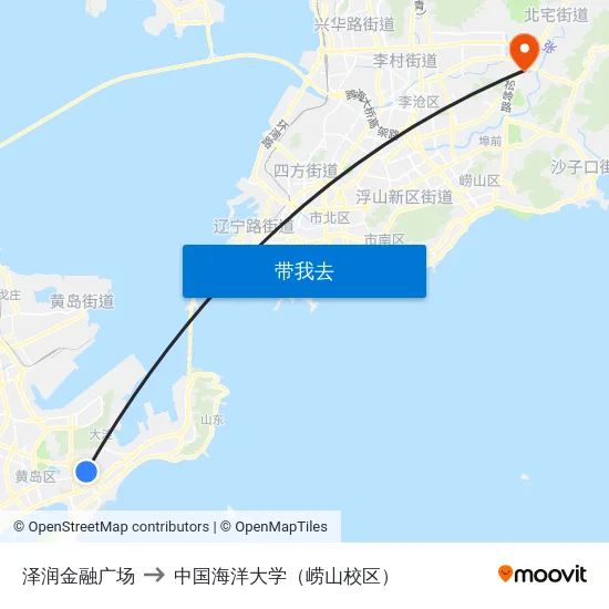 泽润金融广场 to 中国海洋大学（崂山校区） map