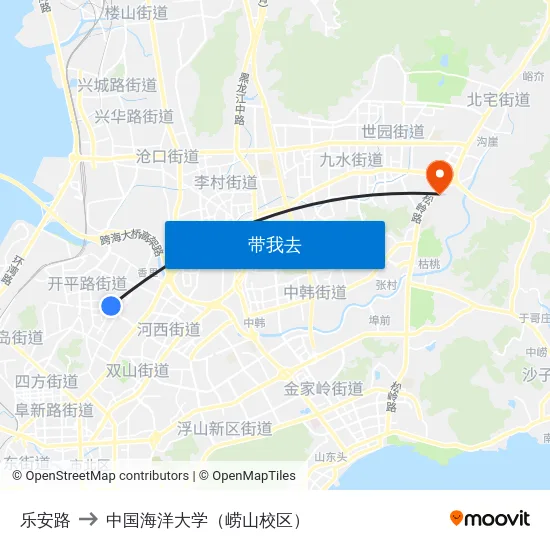 乐安路 to 中国海洋大学（崂山校区） map