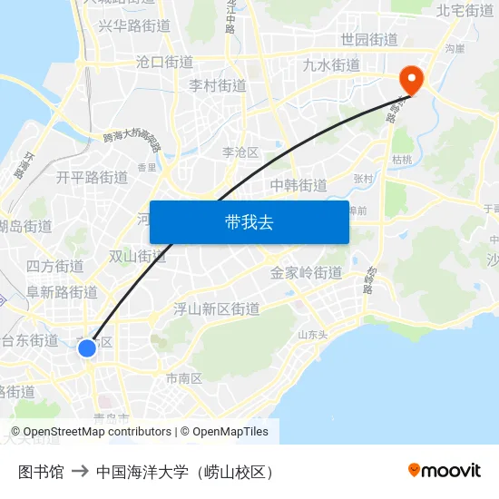 图书馆 to 中国海洋大学（崂山校区） map