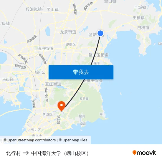 北行村 to 中国海洋大学（崂山校区） map