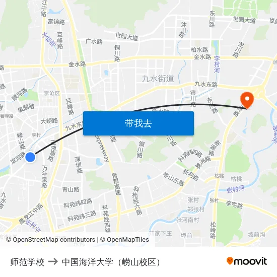 师范学校 to 中国海洋大学（崂山校区） map