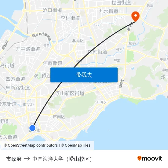 市政府 to 中国海洋大学（崂山校区） map
