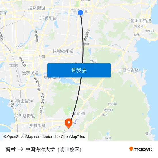 留村 to 中国海洋大学（崂山校区） map