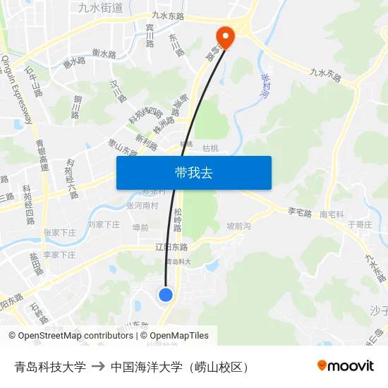 青岛科技大学 to 中国海洋大学（崂山校区） map