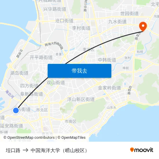 埕口路 to 中国海洋大学（崂山校区） map
