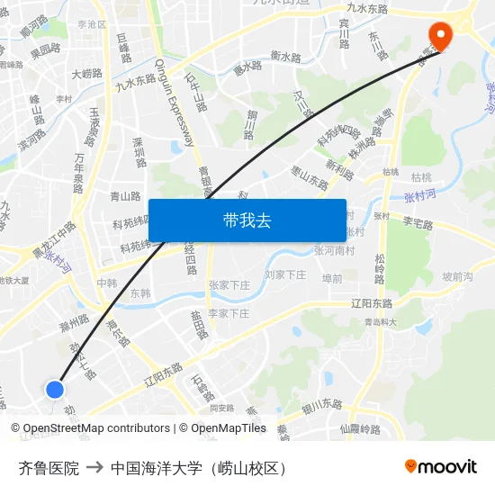 齐鲁医院 to 中国海洋大学（崂山校区） map