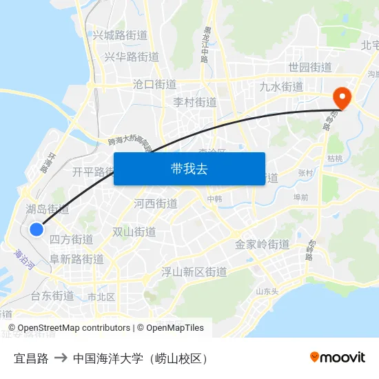 宜昌路 to 中国海洋大学（崂山校区） map