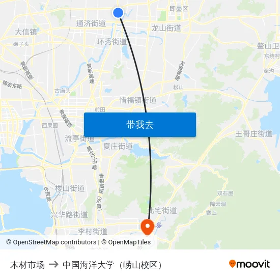 木材市场 to 中国海洋大学（崂山校区） map