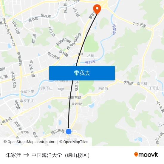 朱家洼 to 中国海洋大学（崂山校区） map