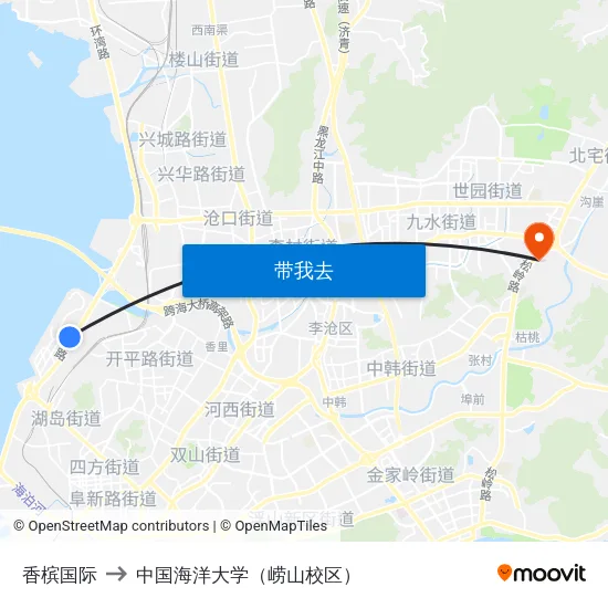 香槟国际 to 中国海洋大学（崂山校区） map