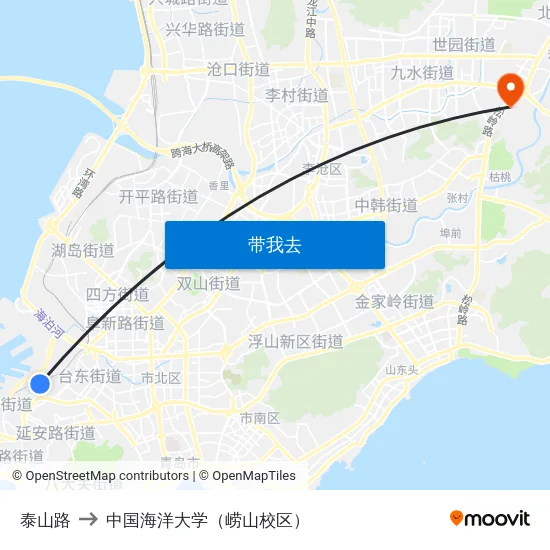 泰山路 to 中国海洋大学（崂山校区） map