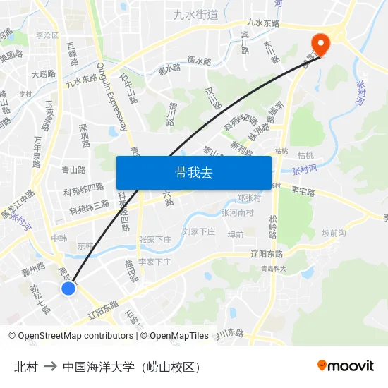 北村 to 中国海洋大学（崂山校区） map