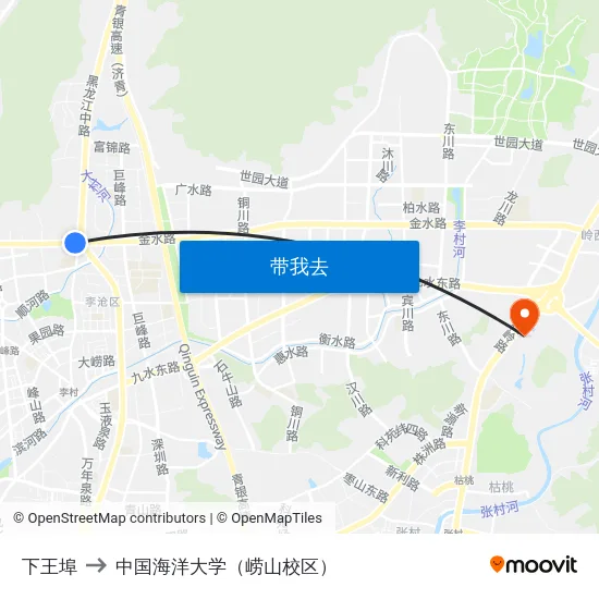 下王埠 to 中国海洋大学（崂山校区） map