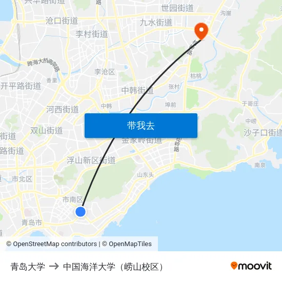 青岛大学 to 中国海洋大学（崂山校区） map