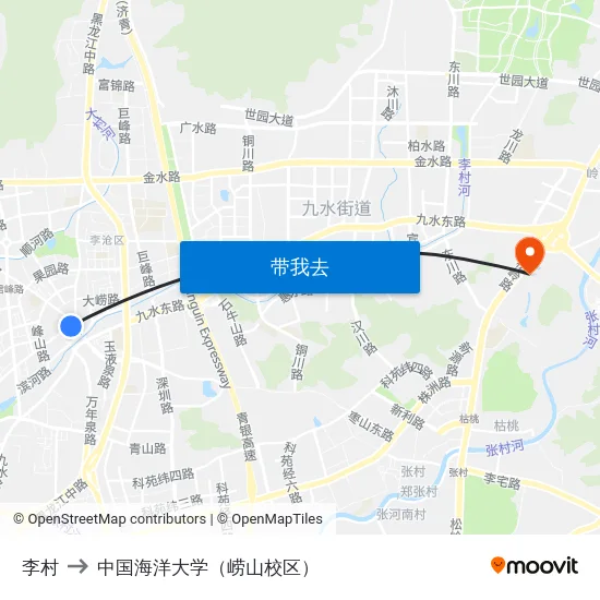 李村 to 中国海洋大学（崂山校区） map