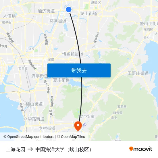 上海花园 to 中国海洋大学（崂山校区） map