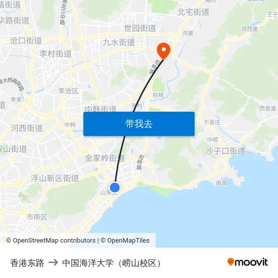 香港东路 to 中国海洋大学（崂山校区） map