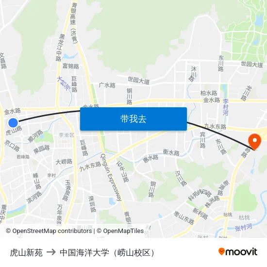 虎山新苑 to 中国海洋大学（崂山校区） map