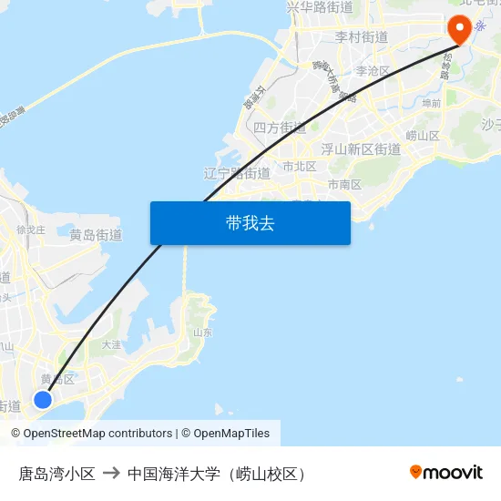 唐岛湾小区 to 中国海洋大学（崂山校区） map