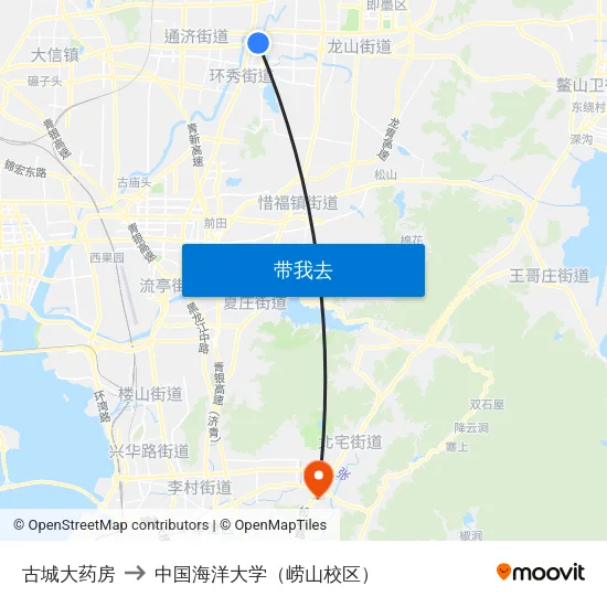 古城大药房 to 中国海洋大学（崂山校区） map