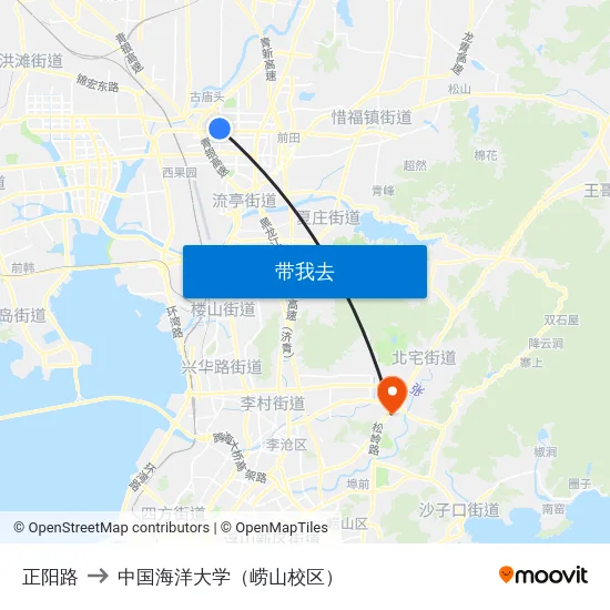 正阳路 to 中国海洋大学（崂山校区） map