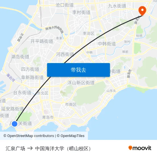 汇泉广场 to 中国海洋大学（崂山校区） map
