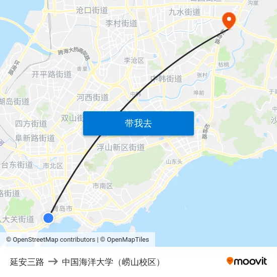 延安三路 to 中国海洋大学（崂山校区） map