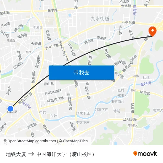 地铁大厦 to 中国海洋大学（崂山校区） map