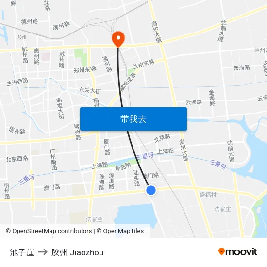 池子崖 to 胶州 Jiaozhou map