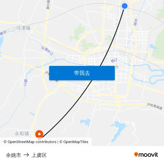 余姚市 to 上虞区 map