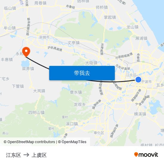 江东区 to 上虞区 map