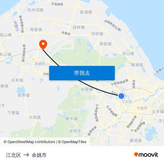 江北区 to 余姚市 map