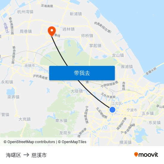 海曙区 to 慈溪市 map