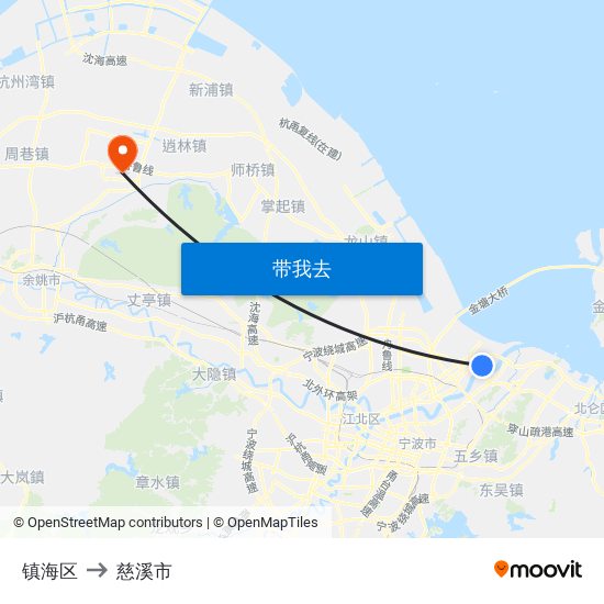 镇海区 to 慈溪市 map